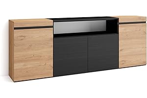 Skraut Home | Credenza, Mobile, Cucina | Madia, mobile ingresso | 200x75x35cm | 4 Porte | grande stoccaggio | Stile moderno | Rovere e nero