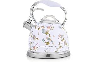 VQ Laura Ashley Elveden Bouilloire sifflante en acier inoxydable pour induction, cuisinière à gaz ou autres – Poignée froide et mécanisme à bouton-poussoir – Blanc 3 l