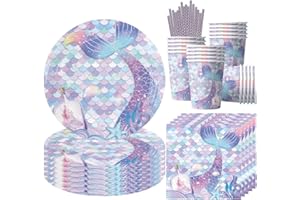 AUGESAK 68 Stück Meerjungfrau Partygeschirr für 16 Gäste, Mermaid Geburtstag Geschirr, Meerjungfrauen Partyteller Becher Servietten, Meerjungfrau Deko Geburtstag für Junge Mädchen Kindergeburtstag