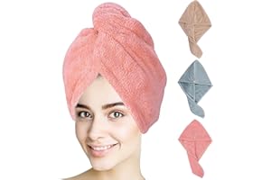 UYDF 3 PCS Toalla Microfibra Pelo,Toalla Pelo Secado Rapido,Toalla Turbante Pelo,Toalla Pelo Microfibra,Toalla Seca Pelo,Toalla Microfibra con Botón,Súper Absorbente,para Cabello Largo,Rizado y Grueso