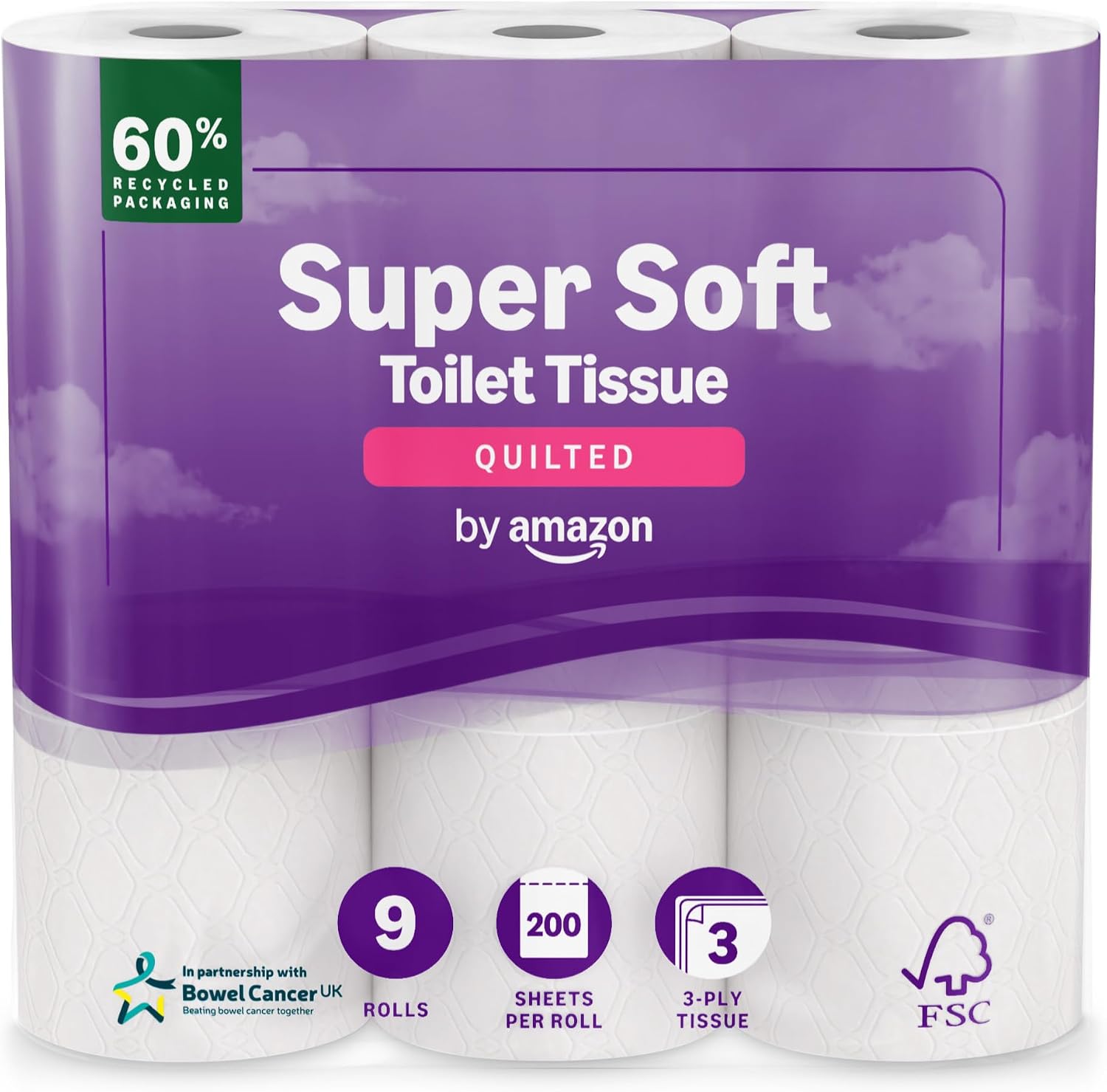 by Amazon Super Soft Toilet Tissue, 3-ply, 9 Rolls (1 Pack of 9), 200 Sheets per Roll, FSC Certified