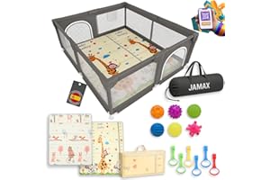 JAMAX Parque Infantil Bebe 150x180 + Alfombra Acolchada Reversible 1,5 cm de Grosor + 6 Pelotas Sensoriales +6 Agarraderas + Bolsa transporte | Corralito bebe | Parque bebe (150 x 180)