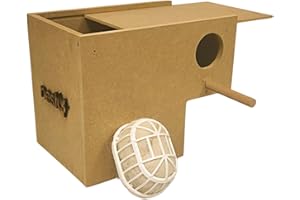 NESTQ Gould Holz Nistkasten für exotische Diamanten 20 cm (L) x 13 cm (B) x 16 cm (H) mit Haarmaterial und gepolstertem Haarständer aus Ziege, Mandarine