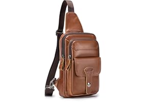 SPAHER Bolso Hombre Bandolera Cuero Genuino Vintage Mochila de Pecho Cruzado Piel para Hombres Bolso Cruzado Hombre Casual Escolar Viaje Bolsa Deportivo Bolsa CrossBody Daypack