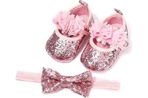 YILEEGOO Baby Girls Sequin Glitter Shoes Soft Sole Prewalker Mary Jane Princess Party Dress Crib Shoes with Bowknot Headband