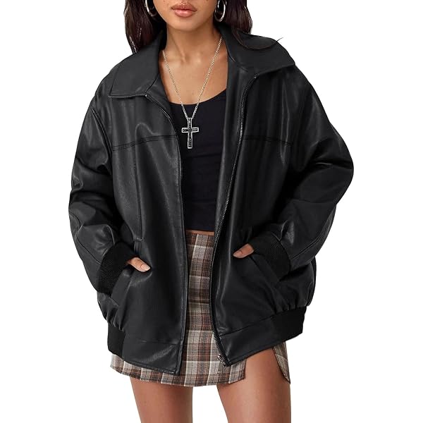 Women's Retro 90s Leather Jackets Oversized Faux PU Motorcycle