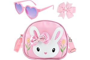 QIZHIQIAMY Sac a Main Fille, Sac à Main Fille Lapin, Sac à Dos de Pâques, Sac a Main Enfant, Sac Petite Fille, Cadeau Pâques Enfant avec Lunettes Roses et Nœud pour Cheveux, Bretelles Réglables