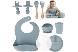 Yunioo - Coffret Repas Bebe Silicone | Lot de 9 | Vaisselle pour Bébé avec Ventouse |Assiette avec Couvercle, Bol, Fourche, Cuillère, Bavoir et Tasse | Passe au Lave | Vaisselle Micro Onde | Bleu