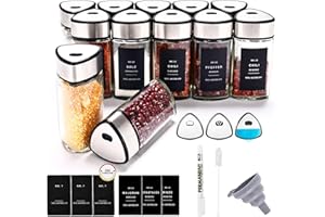 SIAZIH Triangular Botes Especias Cristal, 12x100 ml Botes Para Especias Cocina con 2 Orificios para Especias con Tapas Giratorias, Frascos Especiarias con 140 Etiquetas para Especias Desordenadas