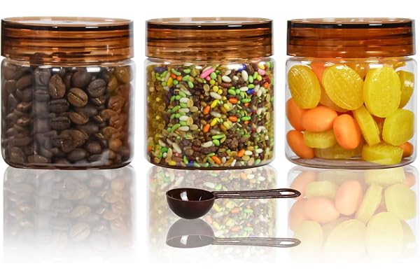 PEARLPET Tiffany Plastic Containers for Kitchen Storage Plastic Container Set with Spoon BPA-Free, Stackable Jars Brown, 200 ML (Set of 3)