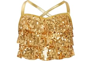 Linjinx Enfant Fille Haut Danse Paillette Crop Top Danse Moderne Jazz Débardeur Gymnastique Gilet Danse sans Manches Tenue Danse Latine Jazz Costume Spectacle 5-16 Ans