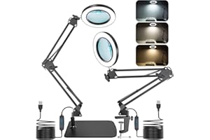 Jubor 2-in-1 Lupe mit Licht und Ständer, 15X 10X LED Lupenleuchte mit Klemme und Basis, Schreibtischlampe mit 3 Farbmodi Dimmbare, LED Lupenlampe für Hobby Basteln, Arbeitsplatzlampe, LED Leselampe