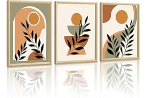 WENGTIAO Toile Peinture Encadré, Boho Abstrait Géométrique Tableau Decoration Murale, Vert Marron Orange Minimaliste Botanique Peinture pour Decoration Murale Salon Maison Deco Chambre 30x40cmx3