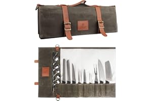 FIREDOG Sac à Couteaux (10 Poches), en Toile cirée, Sac de Transport pour Couteaux, Sac de Rangement avec poignée et bandoulière (Couteaux Non Inclus), Vert, Classique