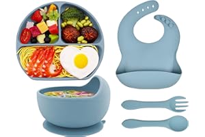 Hoseay Baby Weaning Set, 5 Pcs Silicone Baby Feeding Set with Suction Bowl Plate Fork Spoon Adjustable Bib Baby Led Weaning Feeding Supplies BPA Free Baby Plate Set for Kids Toddlers, Blue