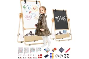 CHIDIAM Kids Easel Double-Sided Art Easel with Paper Clip Height Adjustable Whiteboard & Chalkboard 360°Rotating Standing Art Easel for Kids Gift for Boys and Girls Toys for Ages 3+ (Champagne) (Champagne)