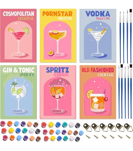 Set Di 6 Pitture Con I Numeri Cocktail – 20x30 Cm Ciascuno – Per Adulti E Principianti – Colori Acrilici E Pennelli Inclusi – Senza Cornice - 2