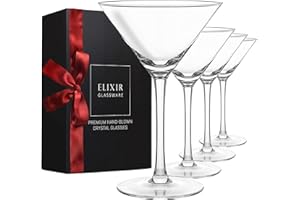 Elixir Glassware Martini Glasses Set of 4 - Hand Blown Crystal Martini Glasses with Stem - Elegant Cocktail Glasses for Bar, Martini, Cosmopolitan, Manhattan, Gimlet, Pisco Sour 9oz, Clear