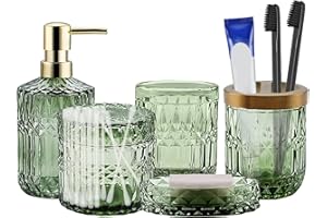 Dechoga 5Pcs Glass Bathroom Accessories Complete Set, Toothbrush Holder Set Green Soap Dispenser Toothbrush toilet brush Holder Containers Green Soap Dispenser Bath Soap Lotion Dispenser Decor
