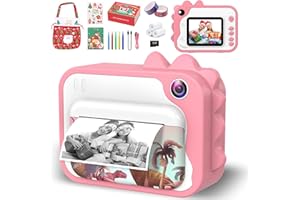 Ushining Macchina Fotografica Bambini Istantanea, 2,4" 1080P Fotocamera Istantanea Bambini con 32GB TF Scheda Penna Colorata Carta da Stama Sacchetto Regalo Di Natale, Regalo per 3-12 Anni, Rosa