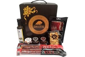 Deliex delicias de Extremadura. Cesta gourmet regalo con aceite La Chinata, jamón, lote de ibéricos, patés, picos ...Regalos 