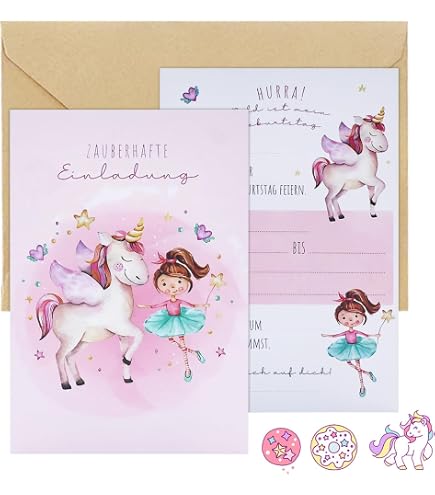 AYVRUOP Einhorn Einladungskarten Kindergeburtstag – 8 Blätter, Beschichtetes Papier, Glitzernd