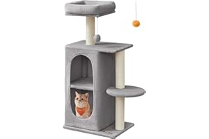 Feandrea Árbol para Gatos con 2 Cuevas, Rascador, para Casas con Varios Gatos, Gatitos, Gris Claro PCT005G01