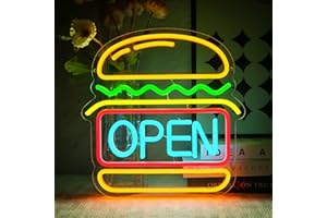 OYCGZV Neon Open Schild Led Hamburger Neon Schild Wand Burger Open Neon Sign Öffnen Led Schild für Hamburger Laden Burgerladen Fast Food Laden Business Küche Bar Restaurant Shop Club Store Hotel