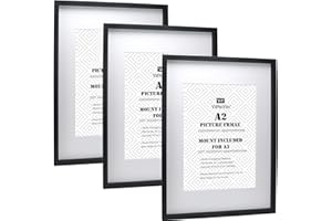 YIPINYIN Black A2(42x59.4cm) Boxed Picture Frames Set of 3 with Mounts for A3(29.7X42CM), A3 boxed photo frames 3pack, Black A2 wooden Effect Poster Frame with Mount for A3 photo