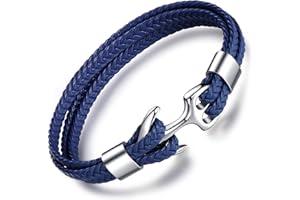 MicLee Bracelet homme cuir et acier inoxydable, bracelet multi tissé, avec l'ancre rétro en métal, Carte de vœux 3D et Boîte-cadeau, Cadeau de Noël Anniversaire pour homme garçon