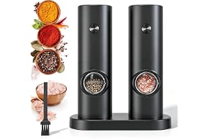 Salt- och pepparkvarn, set med 2, 5 justerbara malningsnivåer | Elektrisk kryddkvarn med bas och LED-belysning, batteridrivna