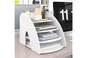 PUNCIA 4-Tier Letter Tray Desk Organiser A4 File Rack Paper Sorter Storage Desktop White Office Supplies Mail File Holder Document Notebook Stationery Storage Rack for Home Office School