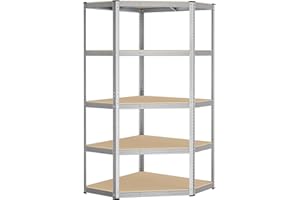 SONGMICS Étagères d’Angle à 5 Niveaux, Étagères de Rangement en Acier, Charge Lourde, Garage, Entrepôt, Capacité de Charge 875 kg, Argent et Beige Naturel GLR080E01