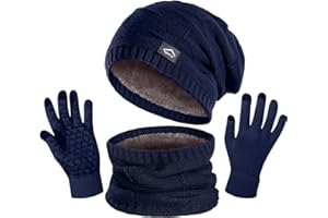 KIRAAT Wintermütze, Schal und Touchscreen-Handschuhe Set für Herren und Damen,Slouchy Strick-Skikhut und Nackenwärmer mit Fleece-Futter für Unisex