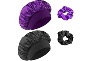 Admygo Satin-Haarmütze für die Nacht, mit Gummibändern und Haarkarten, Satinmütze, Schlafmütze, Haarschutz, Schwarz + Violett