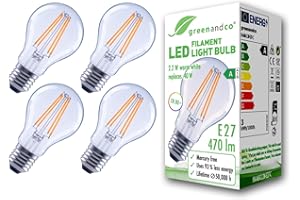 greenandco 4x Ampoule à filament LED | transparente | E27 A60 | 2,2W 470lm | remplace 40W | 2700K blanc chaud | 320° | 230V | sans scintillement | Classe énergétique A | non-dimmable