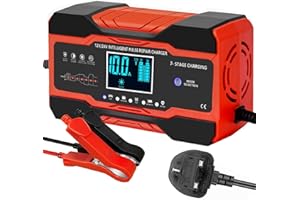 DSGKUU 12V/24V 10Amp Car Battery Charger, Automatic Battery Charger with Temperature Compensation, Repair/Maintains for Cars SLA, AGM, WET & GEL Lead Acid Batteries