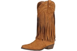 SheSole Women's Fringe Black Mid Wide Calf Cowgirl Cowboy Boots