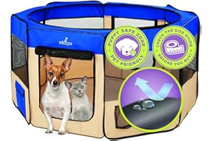 Zampa Puppy Pop Up Portable Playpen for Dog and Cat, Foldable | Indoor/Outdoor Kitten Pen & Travel Pet Carrier + Carrying Case (Blue, ‎Large (61"x61"x30"))