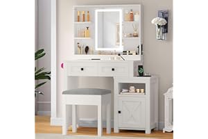 DWVO Schminktisch mit Hocker und Seitenkommode,Frisiertisch mit verstellbaren LED-Beleuchtung und Steckdosen, Schminktisch mit Spiegel und Lichtern,für das Schlafzimmer