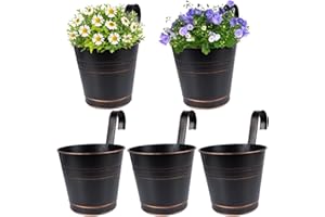 BOFUNX 5pcs Vintage Hanging Flower Pots, Metal Black Plant Pots Hanging Planters with Detachable Hooks for Railing Fence Balcony Garden (Vintage Black, 15.5cm)