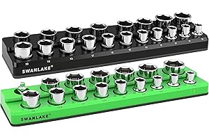 SWANLAKE GARDEN TOOLS Magnetic Socket Organiser Set, 2-Piece 1/2" SAE & Metric Socket Holder, Drive Socket Trays, Storage Tool Box, Holding 35 Slots, Soft Rubber Covering Black Green Tools (Sockets not Included)