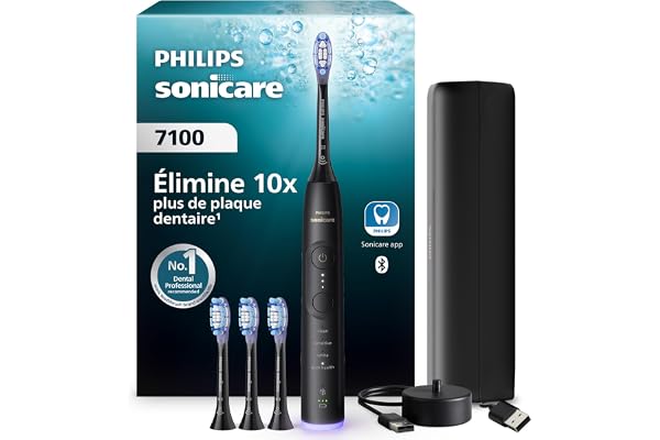 Philips Sonicare 7100 - Brosse à dents électrique sonique avec application, 4 modes de brossage, 3 niveaux d'intensité, Alerte de pression, EasyStart, SmarTimer, Noir, HX7421/08 [Nouvelle technologie]