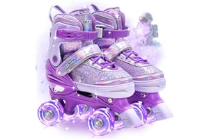 OLYSPM Pattini a Rotelle Bambina,Tomaia fluorescente,Roller Bambina regolabili con 8 Illuminante Ruote e borsa per riporre gli oggetti per Ragazzi,Ragazze e Principianti