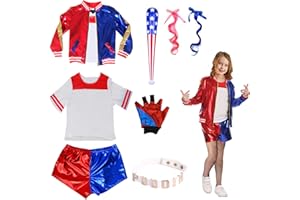 BOYIGOG Cosplay Kostüm für Kinder-8Stück, Mädchen Bösewicht Kostüm Set mit Jacke T-Shirt Shorts Handschuhe Socken Kragen Dekorierte Perücke, Cosplay Mädchen Fancy Dress Outfit für Halloween Karneval