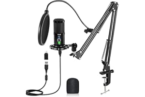 Aveek Micrófono USB de Condensador con Brazo - Micrófono para Podcast, Streaming y Gaming con Botón Mudo, Cancelación de Ruido y Monitorización para PC, Mac, PS5 y Teléfono