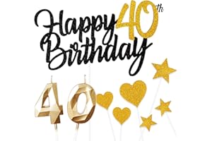 YIRAN Personalised Black Gold Happy 40th Birthday Cake Topper with Gold Number 40 Birthday Candles Heart Star Cupcake Toppers Cake Decorations Set for Her Him Men Women 40th Birthday Anniversary - Pack of 9