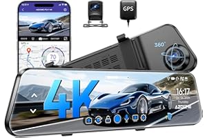 AZDOME PG17 Dash Cam Specchietto 4K 12" – Telecamera Retrovisore Auto WiFi con GPS, Posteriore 1080P, Visione Notturna, G-Sensor, WDR, Controllo Vocale, 64GB SD, Loop, Parcheggio, Assistente Guida