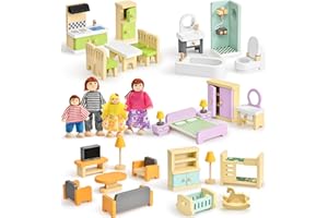 Atoylink Muebles Casa de Muñecas de Madera con Accesorios Coloridos y 4 Muñecas Familiares, Juguetes Educativos y Juego de Simulación para Niños Niñas Partir 3 Años +