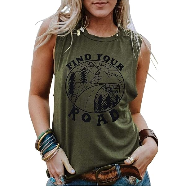 Umsuhu Women's Find Your Road Graphic Tank Top - Sleeveless Summer Tee, Green, Medium